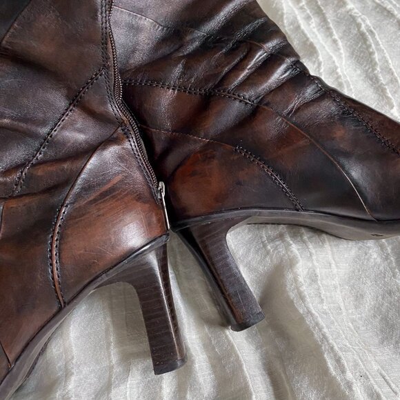 🍂 Y2K Vintage Dark Warm Brown Faded High-Heeled  Square Toes Leather Knee Boots - Picture 4 of 8